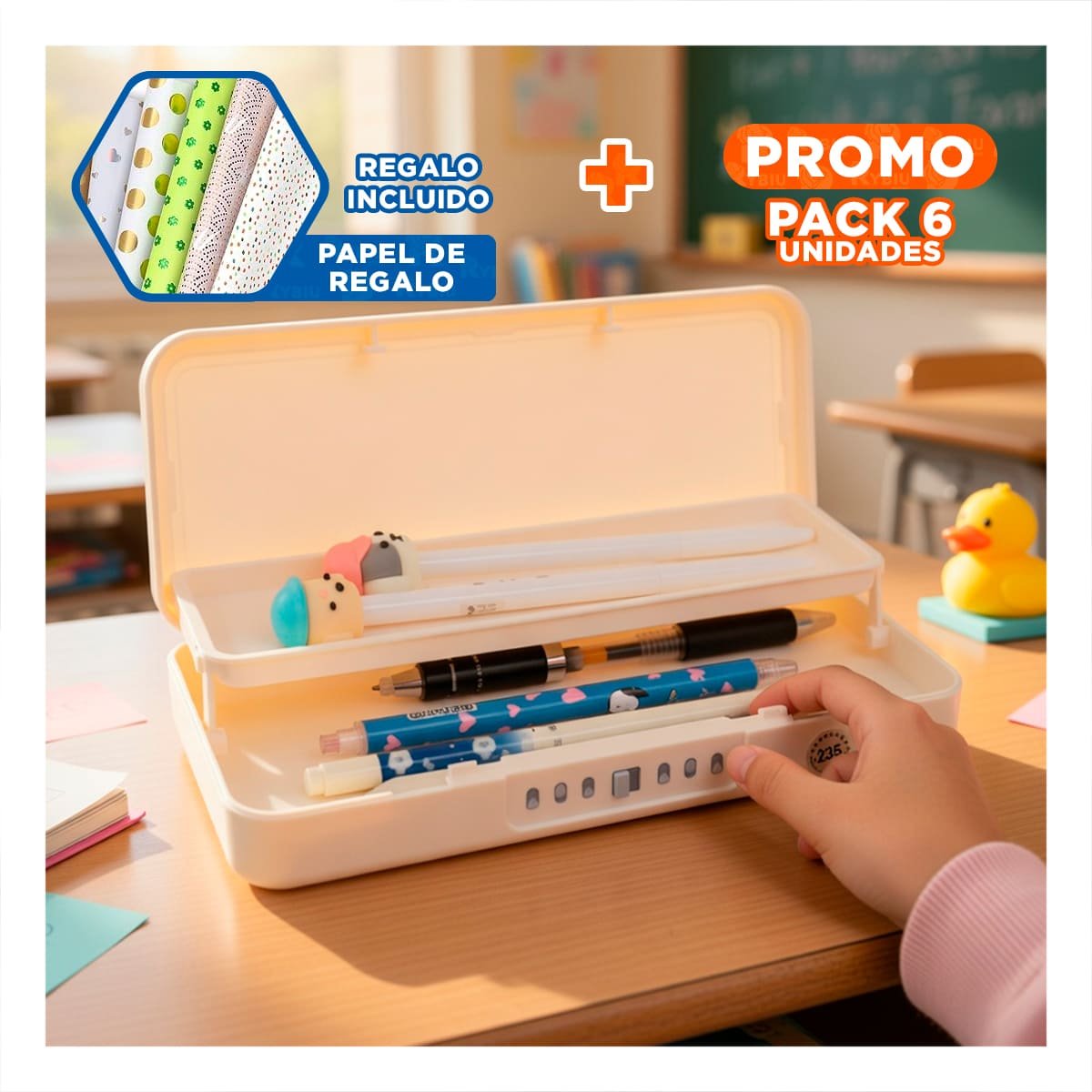 PACK6 LAPICERA ESCOLAR BEIGE CON CLAVE 2 NIVELES DISENO PATO Y+PAPEL REGALO - 1