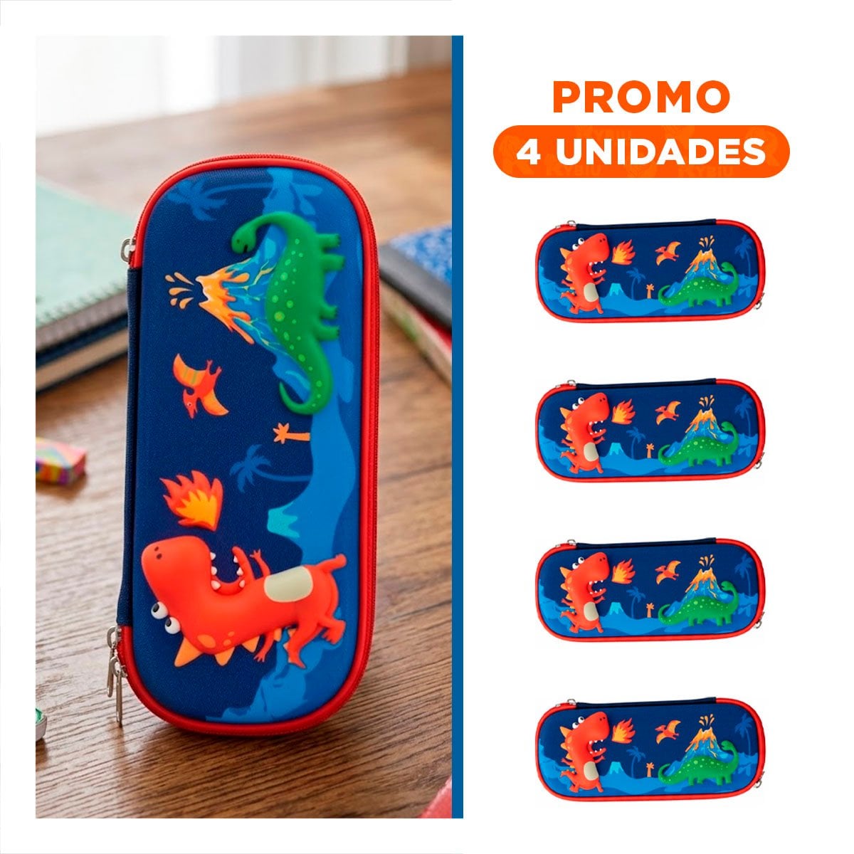 PACK4 ACCESORIO COMPACTO DINOS AZUL ALTO RELIEVE PARA USO ESCOLAR Y+REGALO STICKER - 1