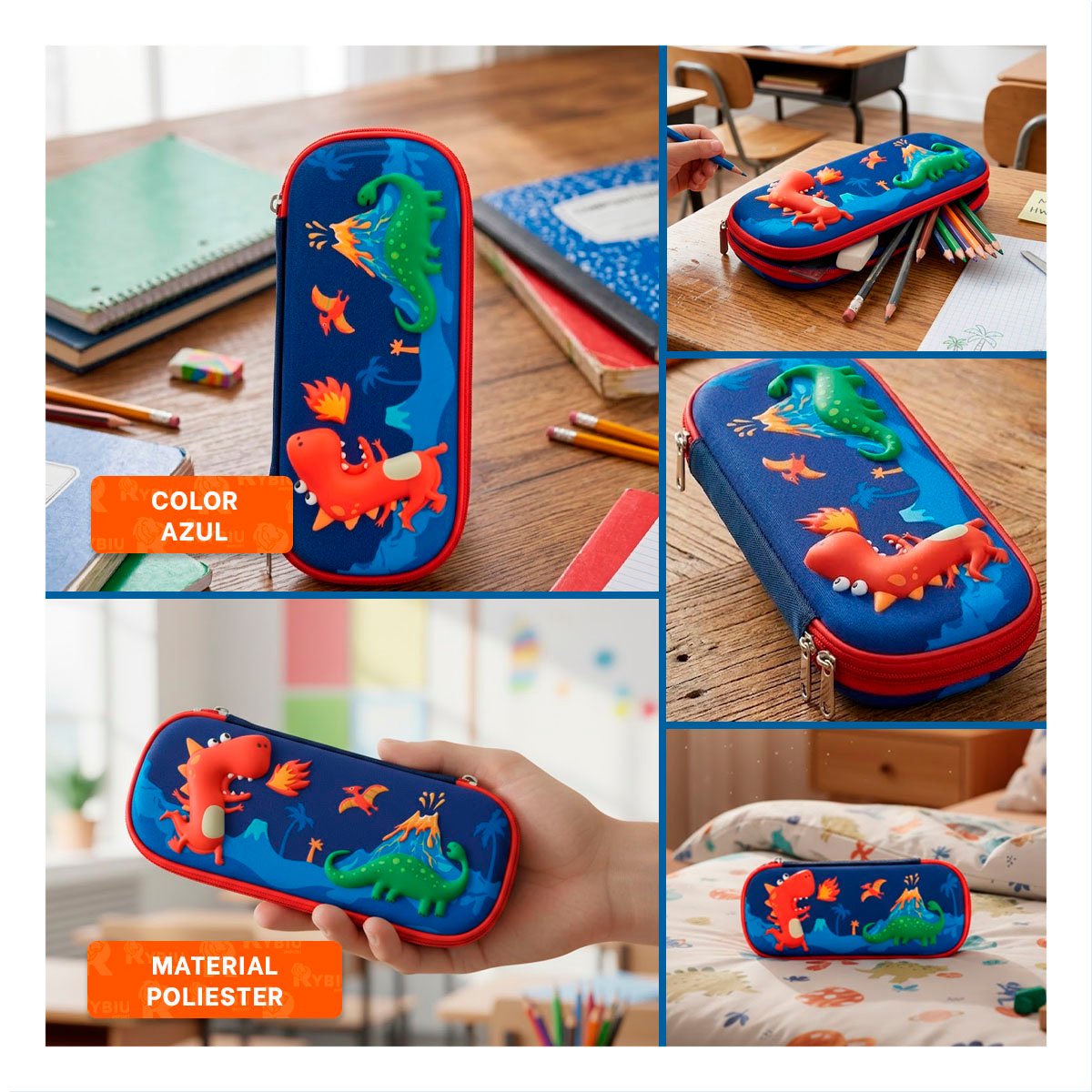 PACK4 ACCESORIO COMPACTO DINOS AZUL ALTO RELIEVE PARA USO ESCOLAR Y+REGALO STICKER - 2