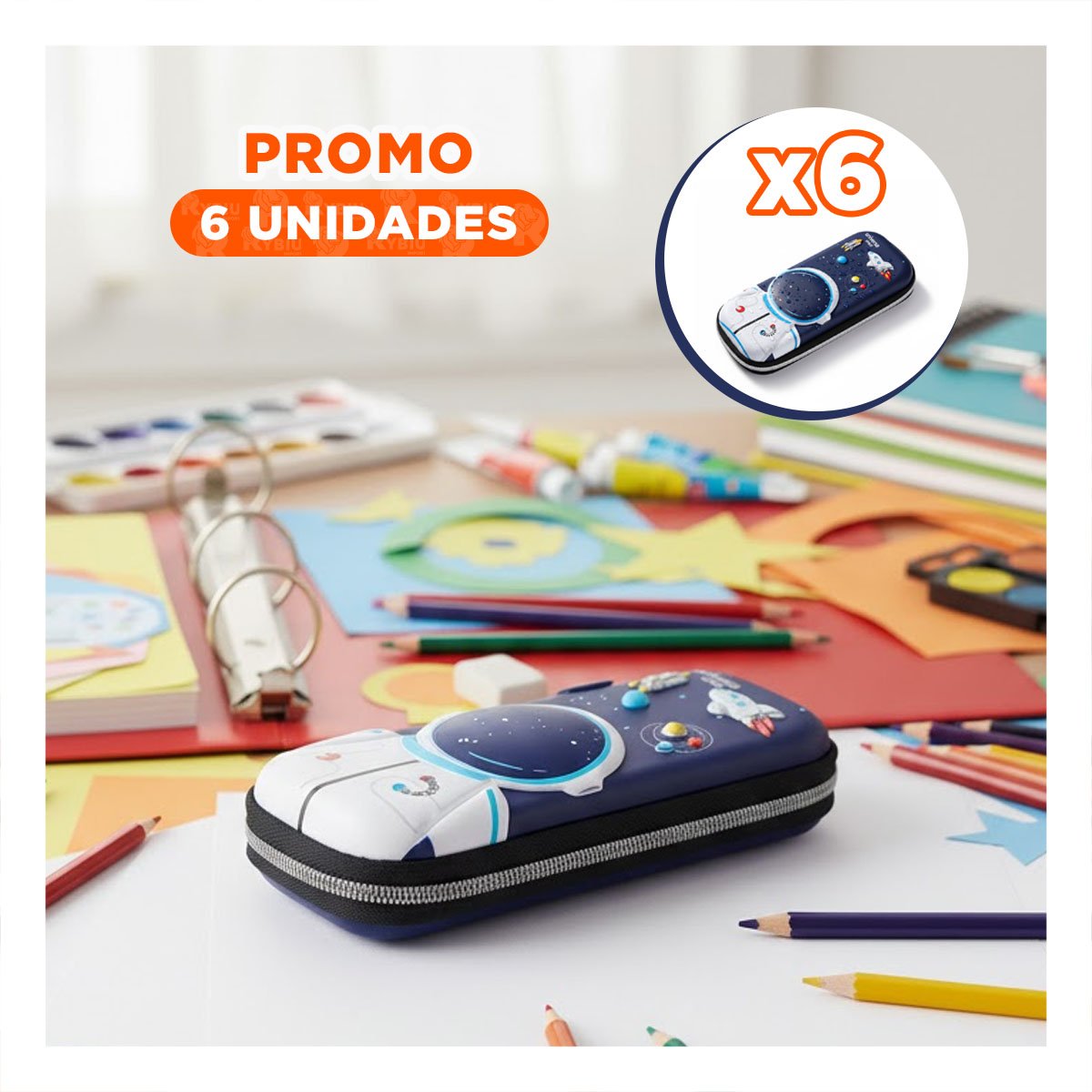 PACK6 FUNDA ESCOLAR ASTRONAUTA HAPPY AZUL ALTO RELIEVE CON CIERRE SEGURO Y+REGALO STICKER - 1