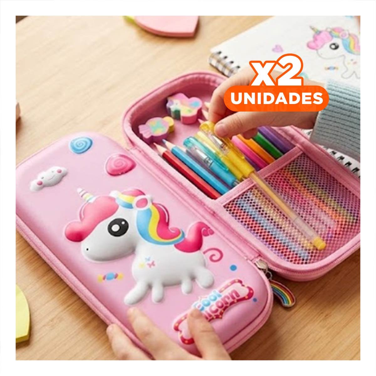 PACK2 BOLSO FUNCIONAL UNICORNIO ROSADO ALTO RELIEVE CON ESTILO ESCOLAR Y+REGALO STICKER - 1