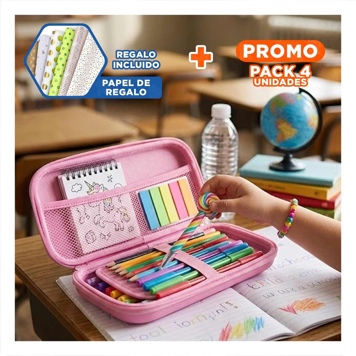 PACK4 ACCESORIO INFANTIL UNICORNIO ROSADO ALTO RELIEVE CON DISENO LINDO PRACTICO Y+PAPEL REGALO - 1