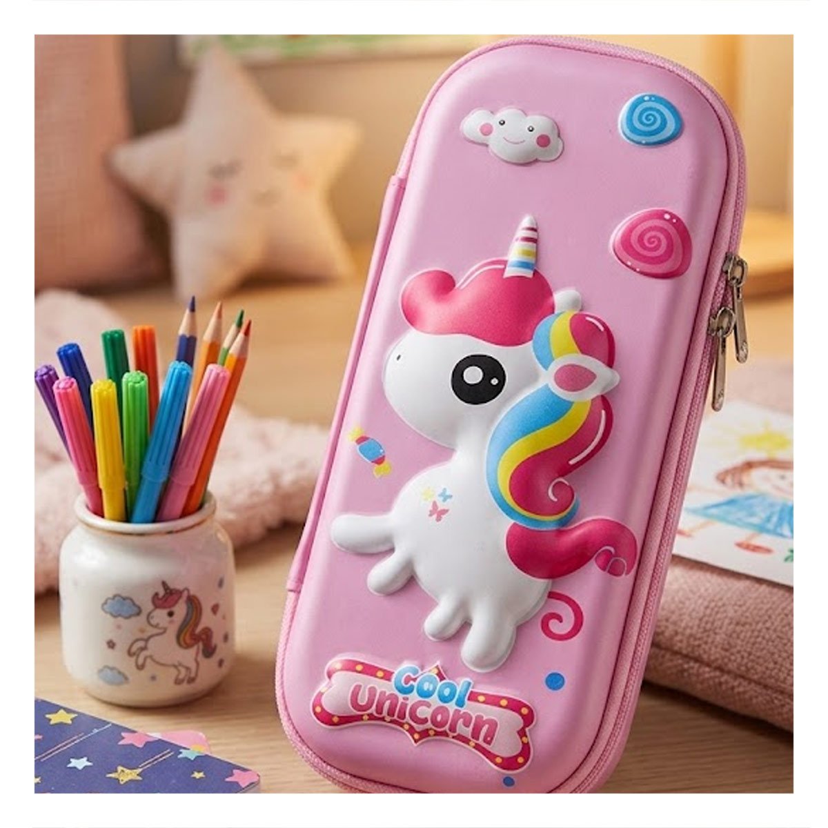 PACK4 ACCESORIO INFANTIL UNICORNIO ROSADO ALTO RELIEVE CON DISENO LINDO PRACTICO Y+PAPEL REGALO - 5