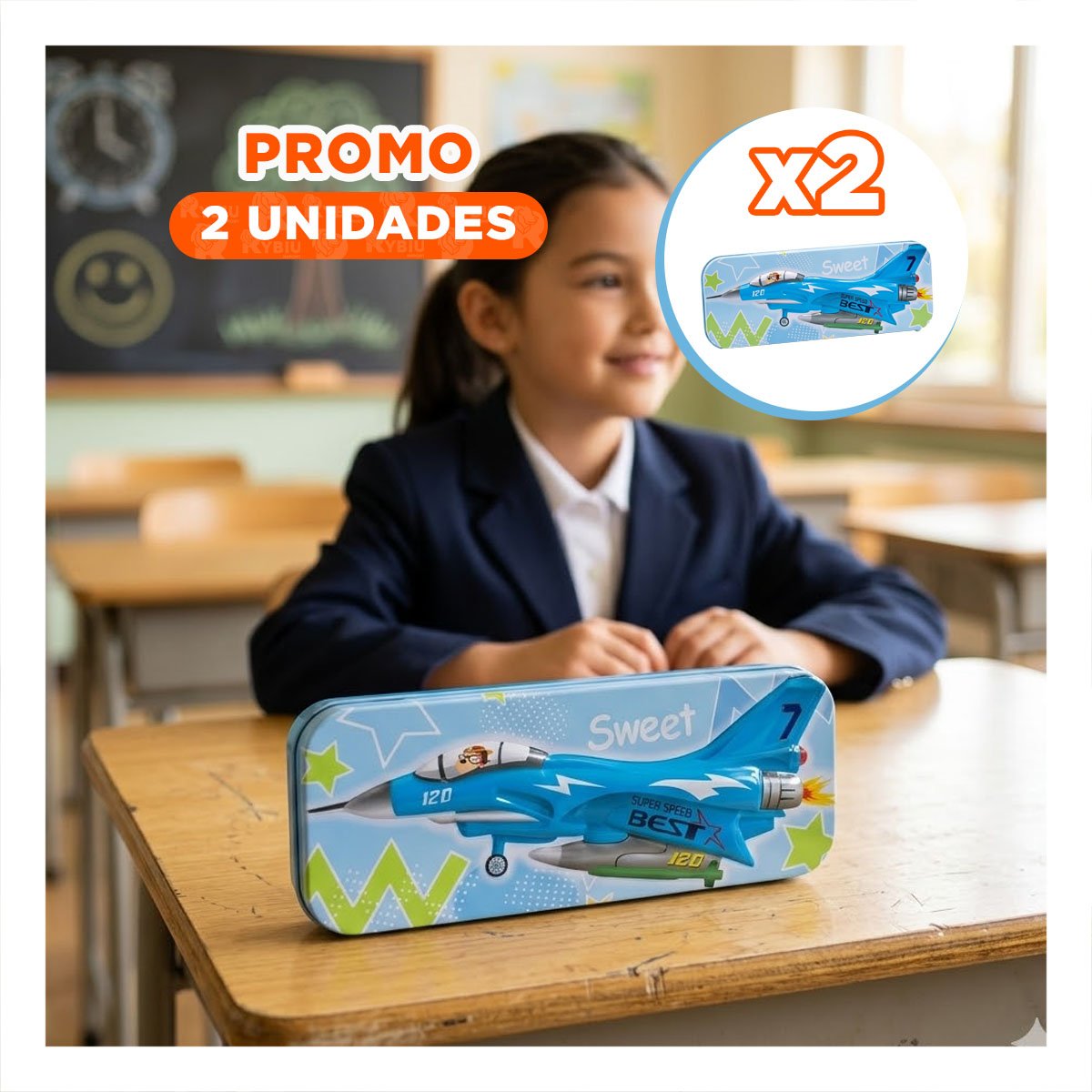 PACK2 CARTUCHERA PRACTICA CELESTE METALICA CON SEPARADOR AMPLIO Y+REGALO STICKER - 1