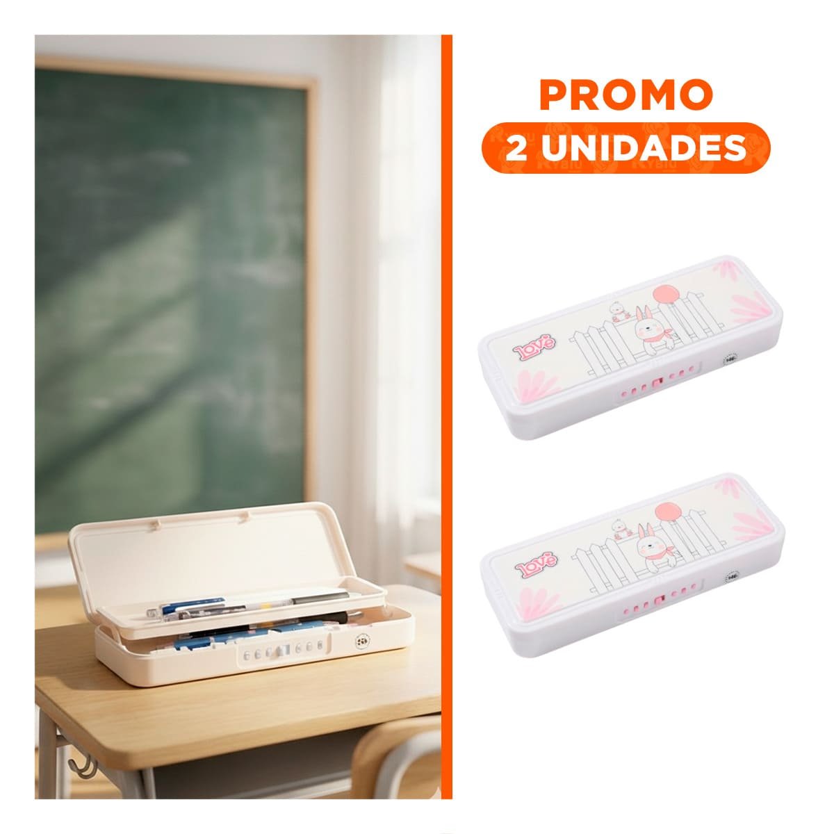 PACK2 PORTA UTILES PRACTICO CONEJO Y REJAS BEIGE CON CLAVE 2 NIVELES - 1