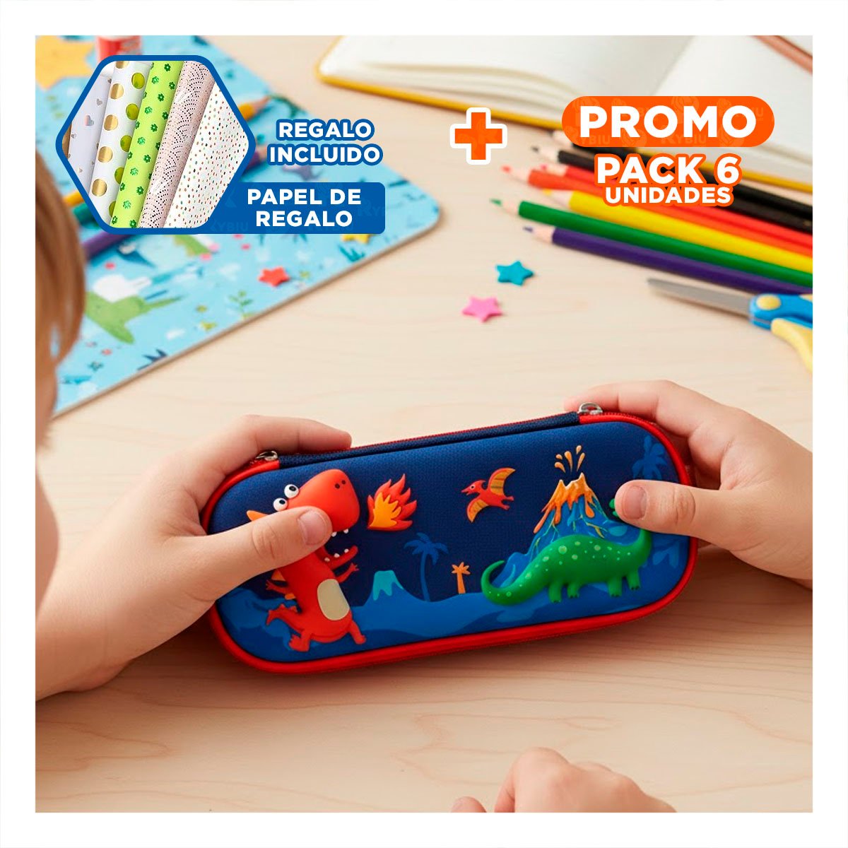 PACK6 ACCESORIO FUNCIONAL DINOS AZUL ALTO RELIEVE CON GRAN CAPACIDAD Y+PAPEL REGALO - 1