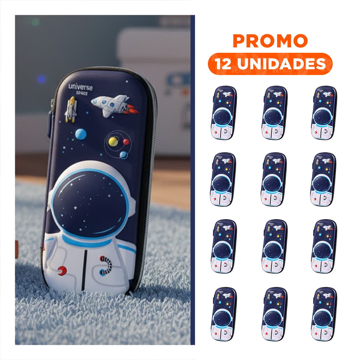 PACK12 FUNDA MODERNA ASTRONAUTA HAPPY AZUL ALTO RELIEVE CON ESPACIO AMPLIO Y+REGALO STICKER - 1
