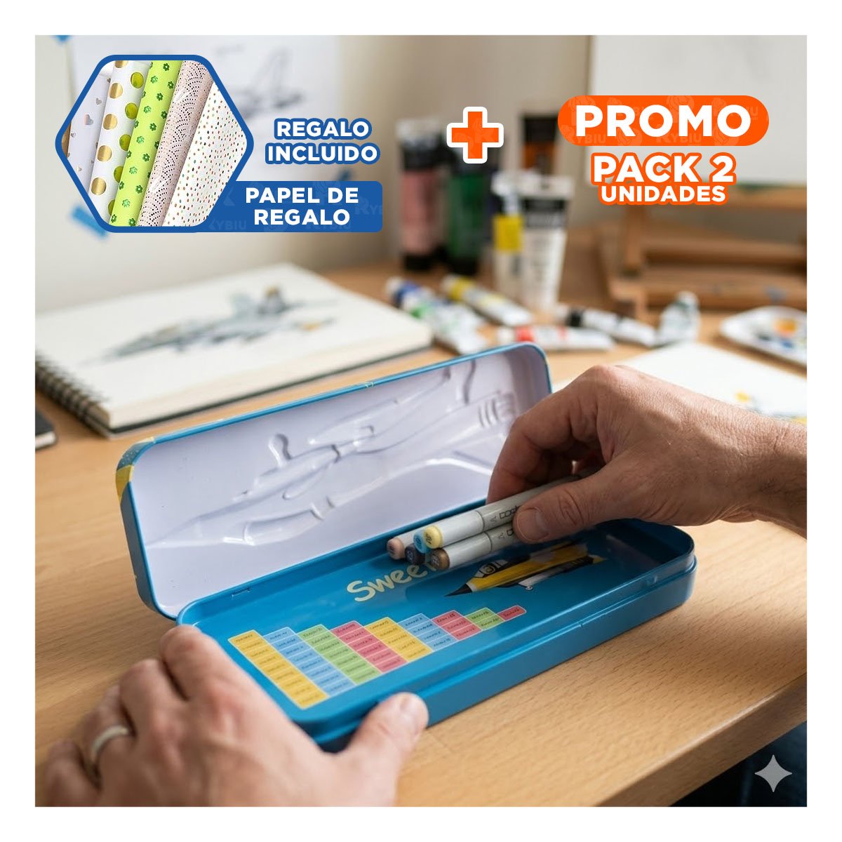 PACK2 ESTUCHE PRACTICO CELESTE METALICO CON SEPARADOR PARA UTILES Y+PAPEL REGALO - 1