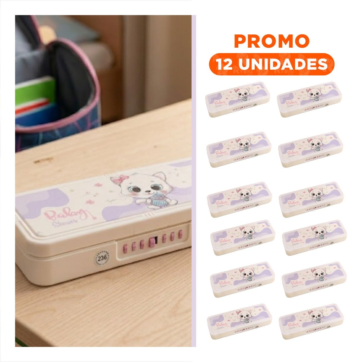 PACK12 CARTUCHERA CON SISTEMA DE CLAVE 2 NIVELES GATO BEIGE Y+REGALO STICKER - 1