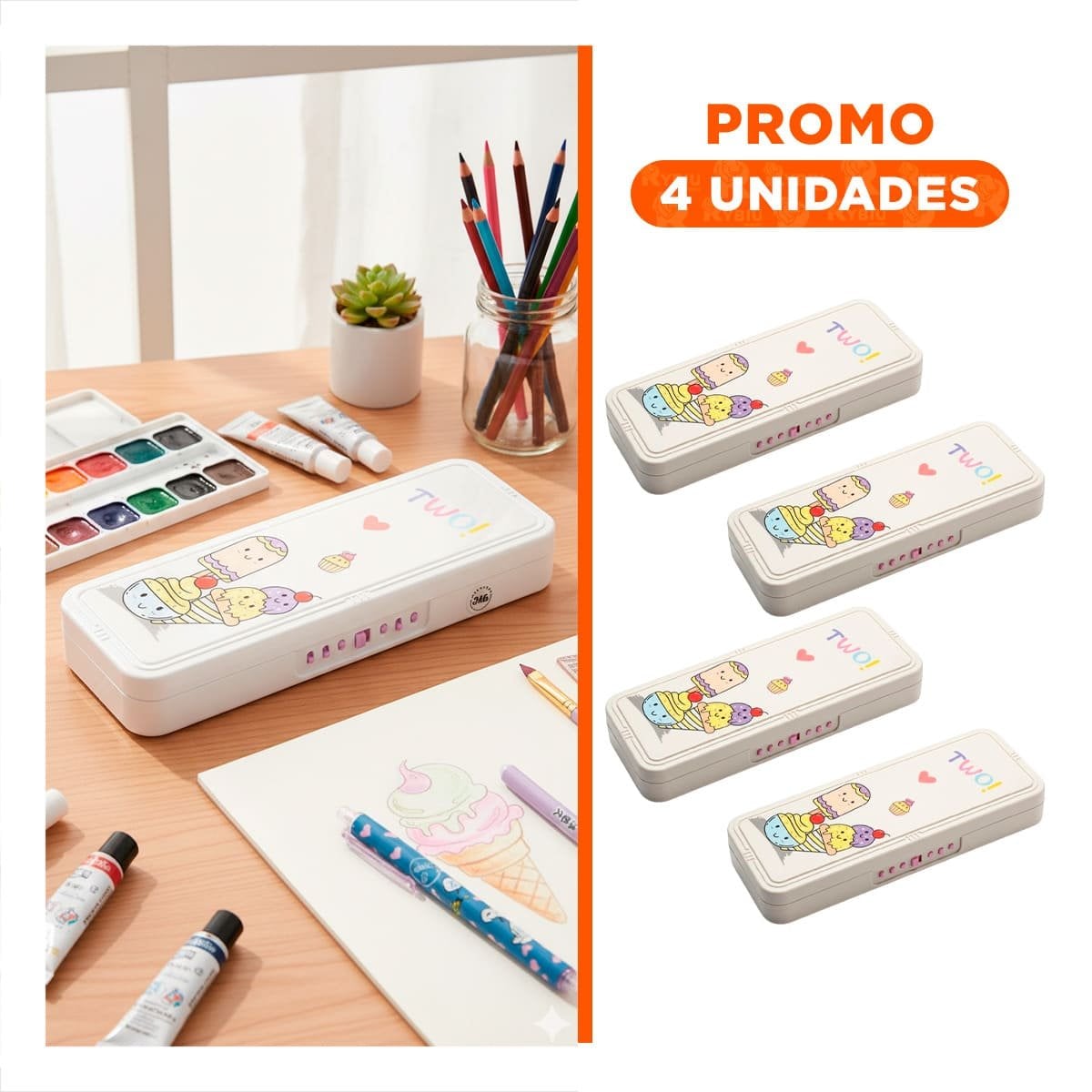 PACK4 NECESER PRACTICO BEIGE CON CLAVE 2 NIVELES DISENO HELADOS INFANTIL Y+REGALO STICKER - 1