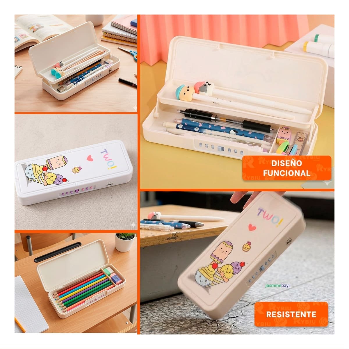 PACK4 NECESER PRACTICO BEIGE CON CLAVE 2 NIVELES DISENO HELADOS INFANTIL Y+REGALO STICKER - 2