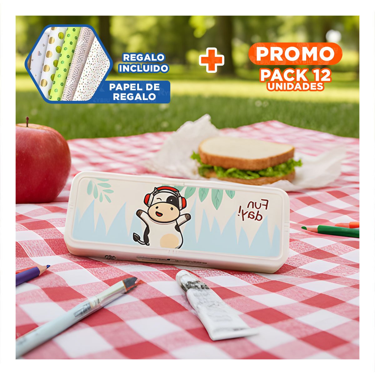 PACK12 LAPICERA PRACTICA VACA BEIGE CON CLAVE 2 NIVELES FUNCIONAL Y+PAPEL REGALO - 1
