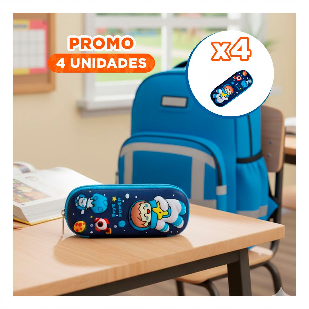 PACK4 ACCESORIO ESCOLAR ASTRONAUTA FELIZ AZUL ALTO RELIEVE CON CIERRE SEGURO DIARIO - 1