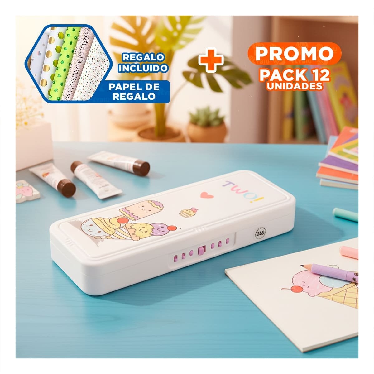 PACK12 ORGANIZADOR SEGURO BEIGE CON CLAVE 2 NIVELES DISENO HELADOS ESCOLAR Y+PAPEL REGALO - 1