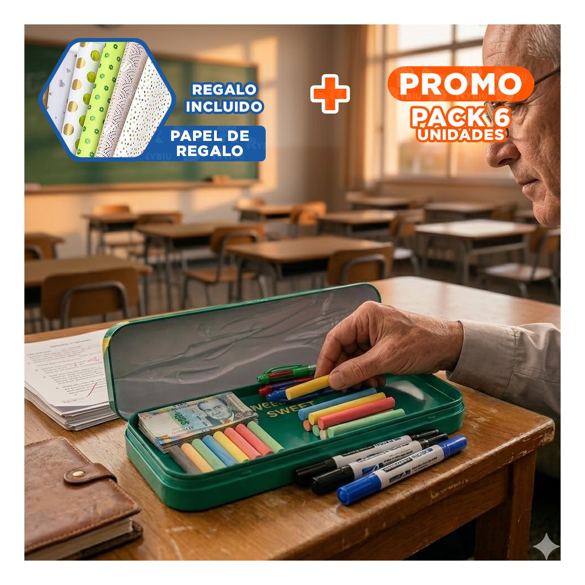 PACK6 CONTENEDOR PRACTICO VERDE METALICO CON SEPARADOR AMPLIO Y+PAPEL REGALO - 1