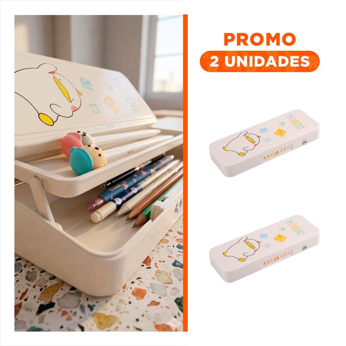 PACK2 ACCESORIO ESCOLAR INFANTIL BEIGE CON CLAVE 2 NIVELES DISENO PATO - 1