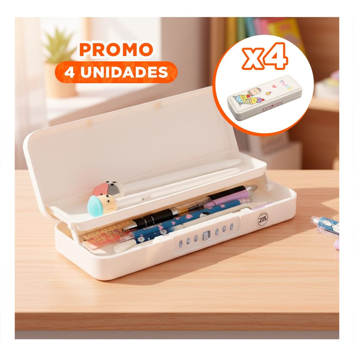 PACK4 PORTA UTILES PRACTICO BEIGE CON CLAVE 2 NIVELES DISENO HELADOS - 1