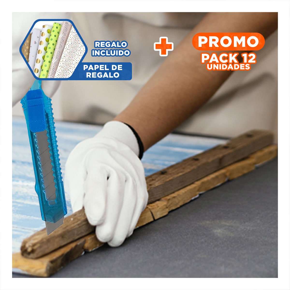 PACK12 NAVAJA DE ESCRITORIO 15CM AZUL TRANSPARENTE SET 3 UNIDADES Y+PAPEL REGALO - 1