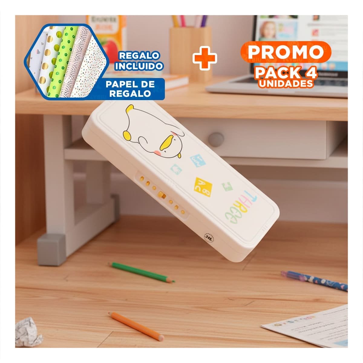 PACK4 CARTUCHERA ESCOLAR RESISTENTE BEIGE CON CLAVE 2 NIVELES PATO Y+PAPEL REGALO - 1