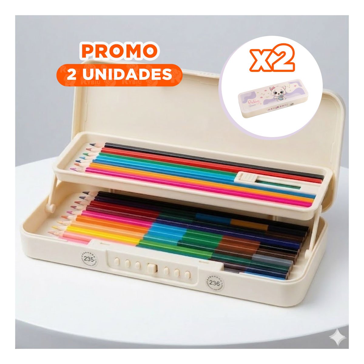 PACK2 NECESER ESCOLAR CON CLAVE 2 NIVELES DISENO GATO BEIGE Y+REGALO STICKER - 1
