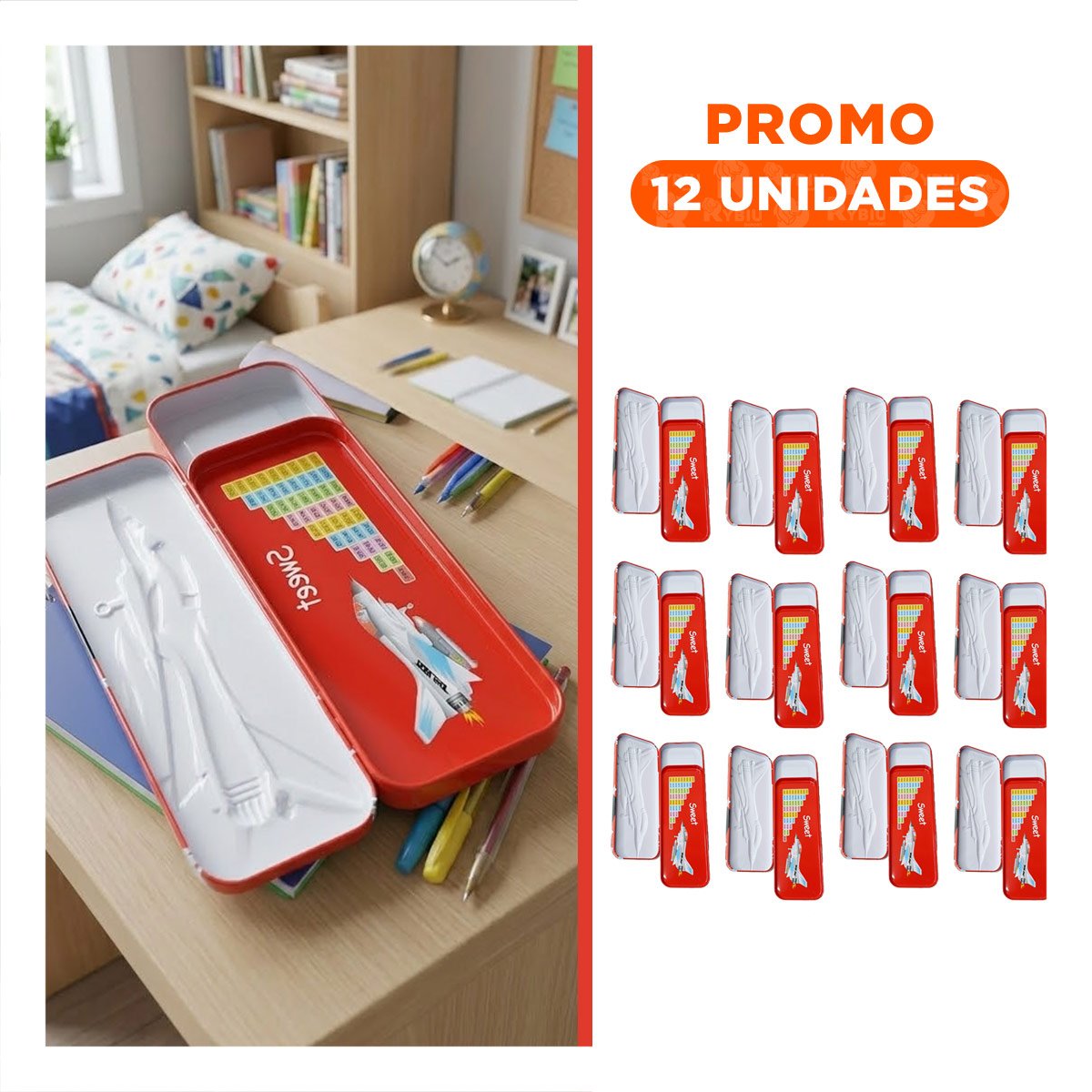 PACK12 CONTENEDOR RIGIDO BLANCO METALICO CON COMPARTIMENTO PARA UTILES Y+REGALO STICKER - 1
