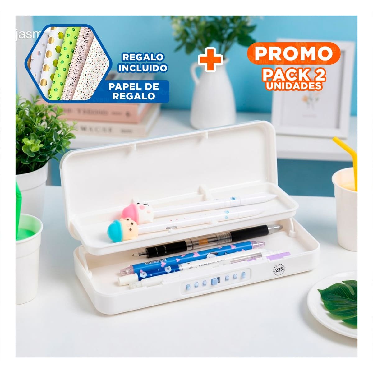 PACK2 CARTUCHERA CON CLAVE 2 NIVELES DISENO PATO BEIGE ESCOLAR Y+PAPEL REGALO - 1