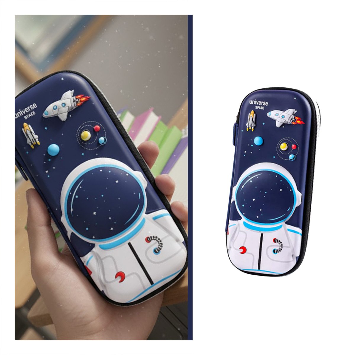 ESTUCHE ESCOLAR ASTRONAUTA HAPPY AZUL ALTO RELIEVE CON CIERRE SEGURO Y PRACTICO - 3
