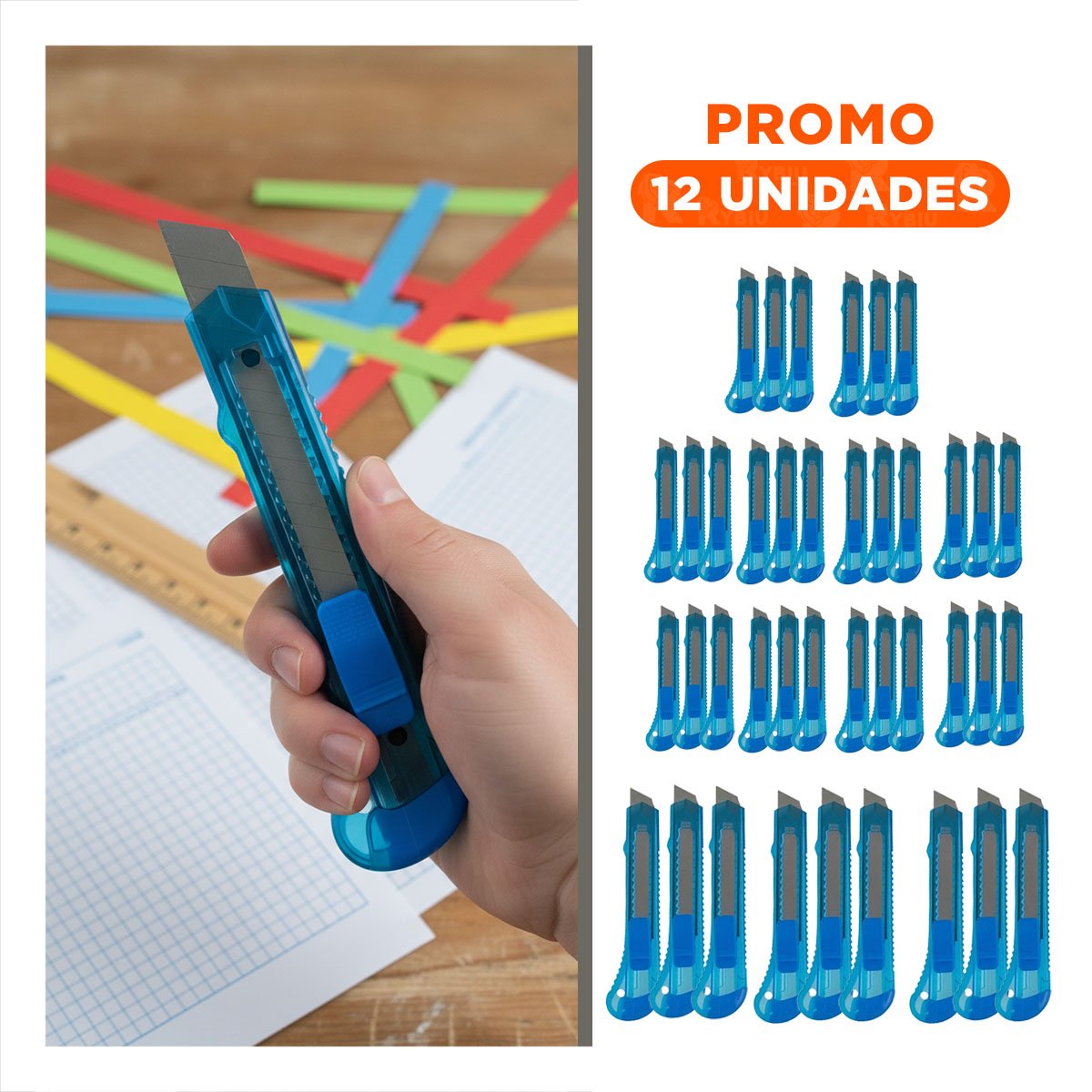 PACK12 CORTADOR DE ESCRITORIO 15CM AZUL TRANSPARENTE SET 3 UNIDADES Y+REGALO STICKER - 1