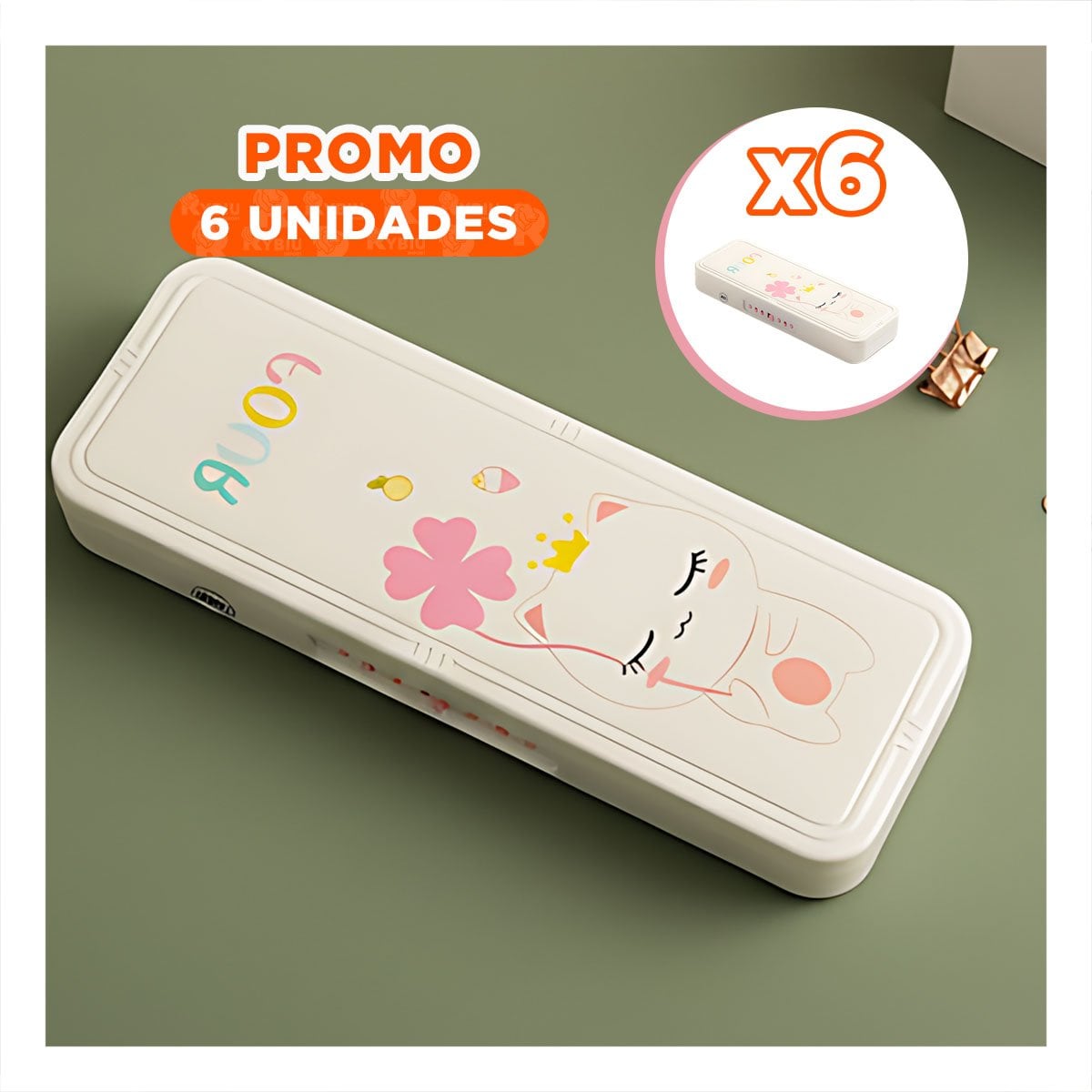 PACK6 PORTA COLORES JUVENIL CON CLAVE 2 NIVELES GATO CON FLOR BEIGE ESCOLAR Y+REGALO STICKER - 1