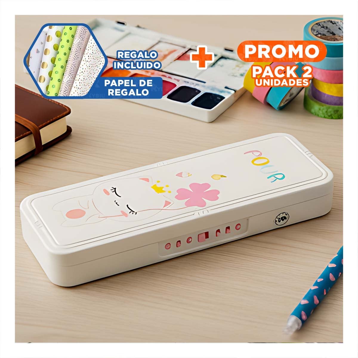 PACK2 LAPICERA JUVENIL CON CLAVE 2 NIVELES GATO CON FLOR BEIGE PRACTICA Y+PAPEL REGALO - 1