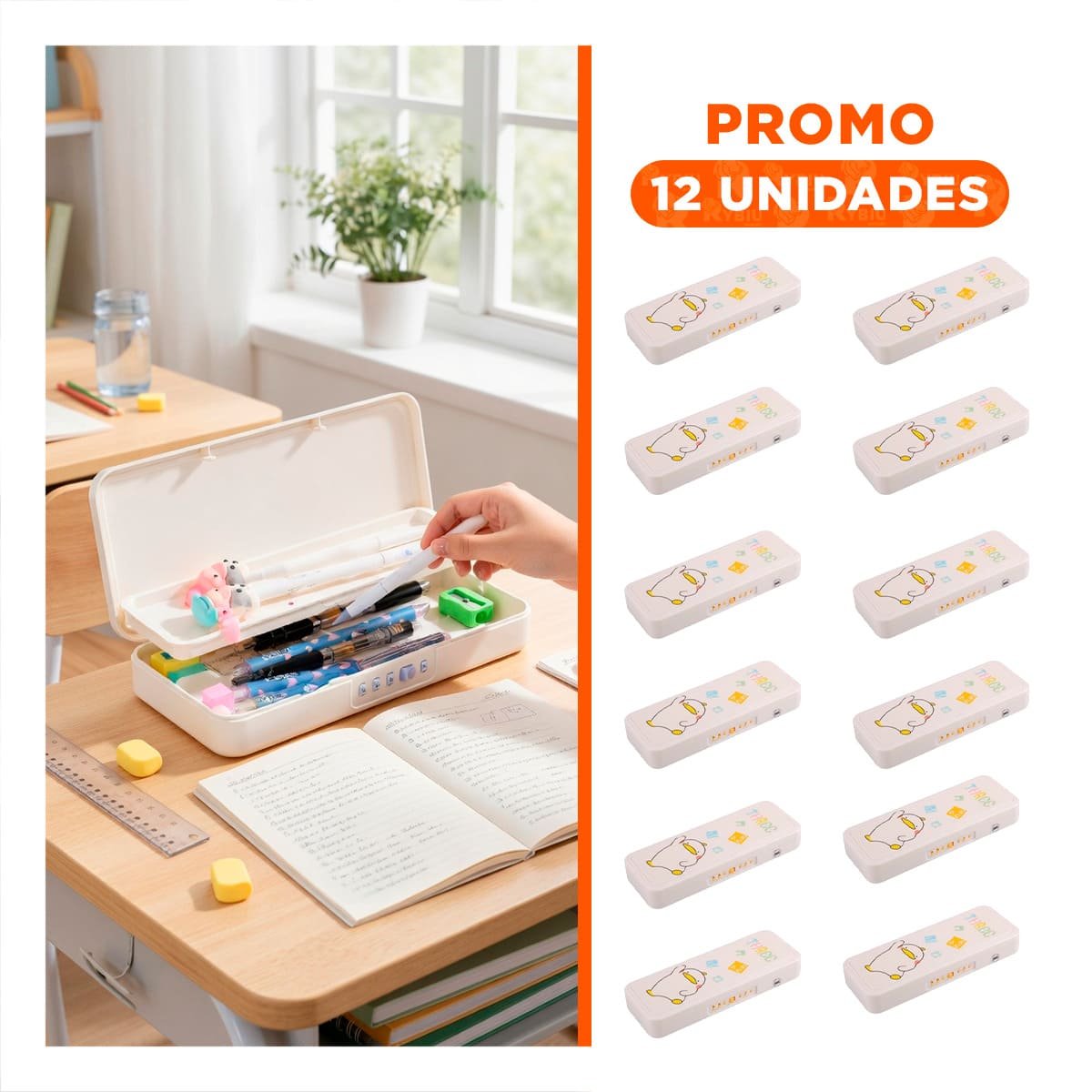 PACK12 CAJA PORTA UTILES BEIGE CON CLAVE 2 NIVELES DISENO PATO Y+REGALO STICKER - 1