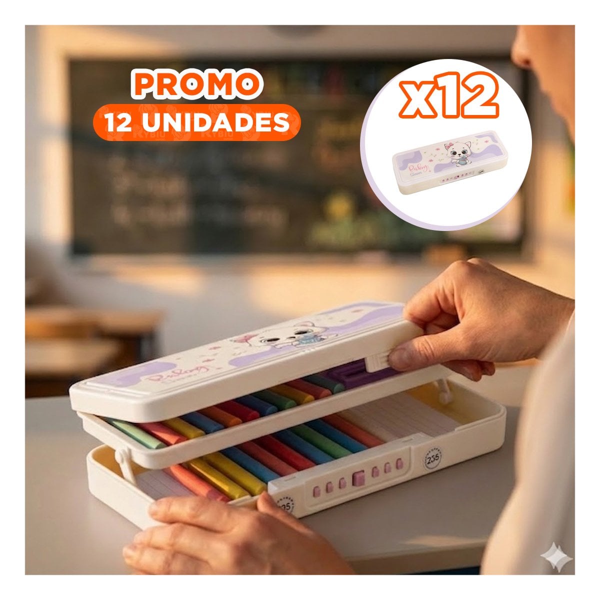 PACK12 CARTUCHERA INFANTIL SEGURA CON CLAVE 2 NIVELES GATO BEIGE - 1