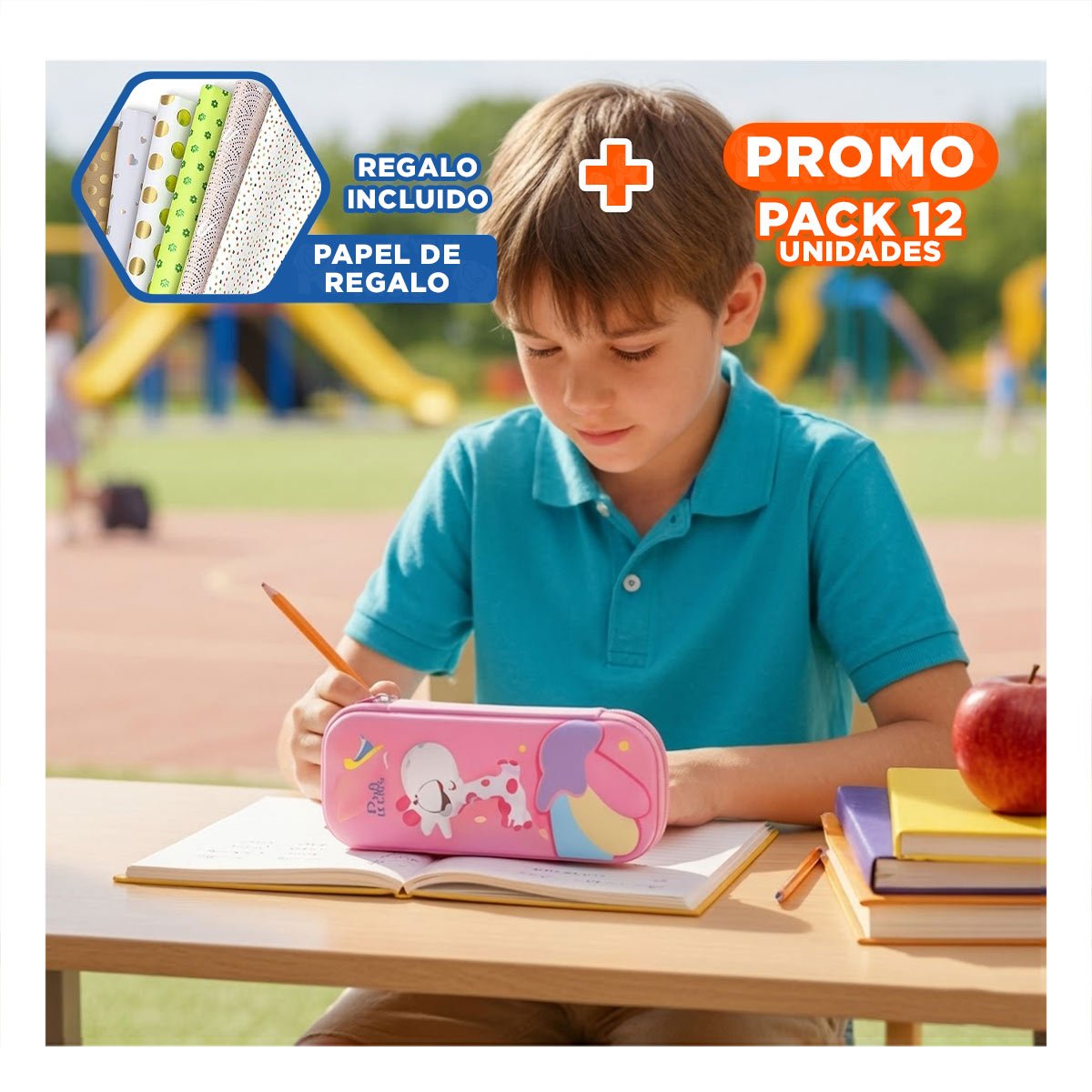PACK12 FUNDA COMPACTA JIRAFA ROSADO ALTO RELIEVE PARA GUARDAR UTILES Y+PAPEL REGALO - 1