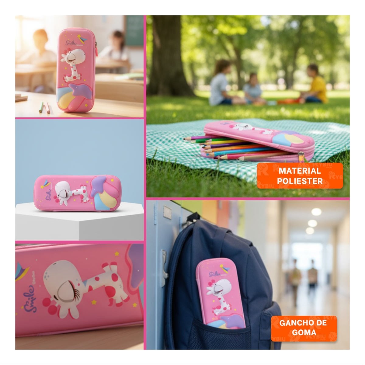 PACK12 FUNDA COMPACTA JIRAFA ROSADO ALTO RELIEVE PARA GUARDAR UTILES Y+PAPEL REGALO - 2