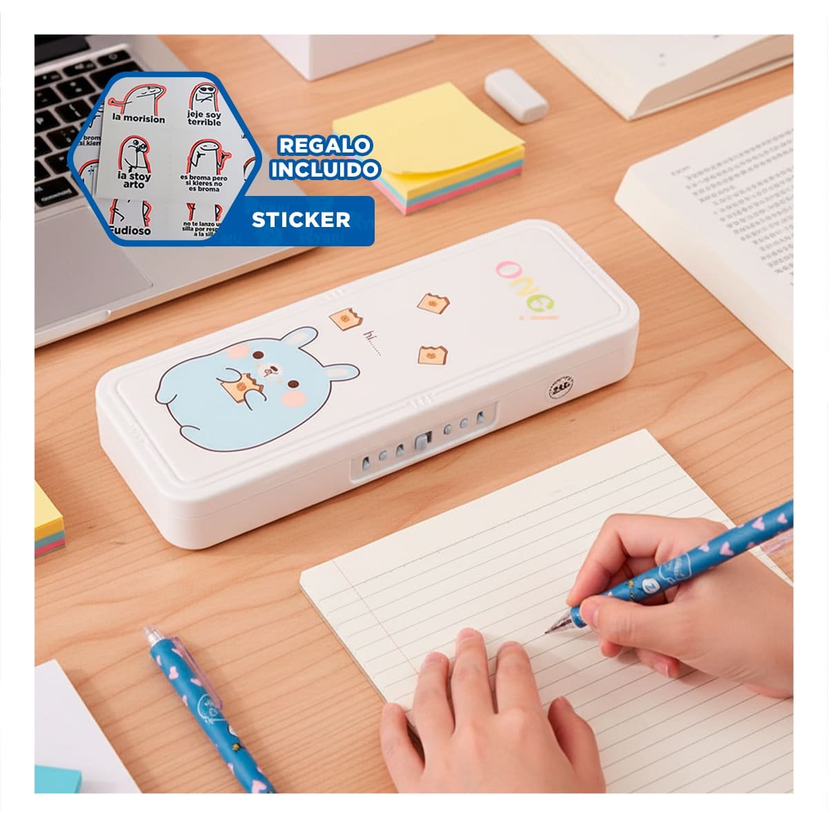 NECESER PRACTICO CONEJO BEIGE CON CLAVE 2 NIVELES FUNCIONAL Y+REGALO STICKER - 1