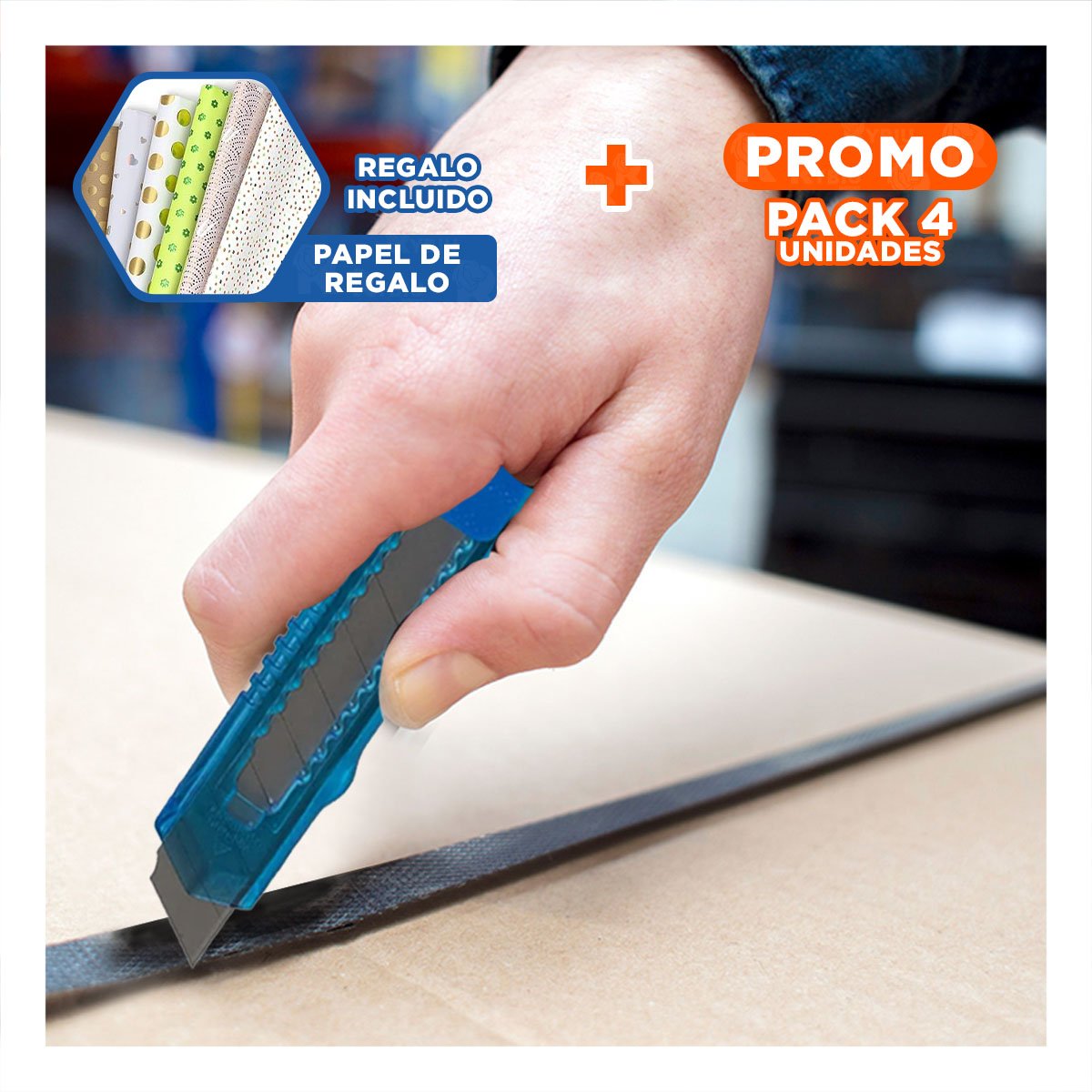 PACK4 CUCHILLA PARA OFICINA 15CM AZUL TRANSPARENTE SET 3 UNIDADES Y+PAPEL REGALO - 1