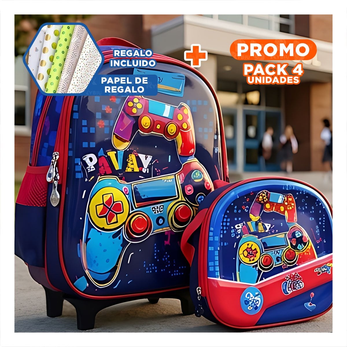 PACK4 MORRAL ESCOLAR AZUL PARA NINO DE VIDEOJUEGOS CON LONCHERA Y CARTUCHERA Y+PAPEL REGALO - 1