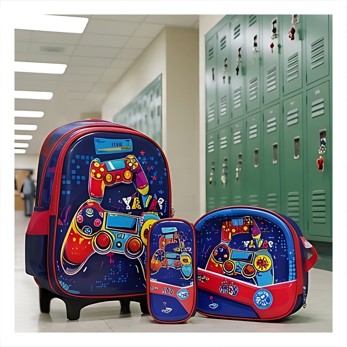 PACK4 MORRAL ESCOLAR AZUL PARA NINO DE VIDEOJUEGOS CON LONCHERA Y CARTUCHERA Y+PAPEL REGALO - 5