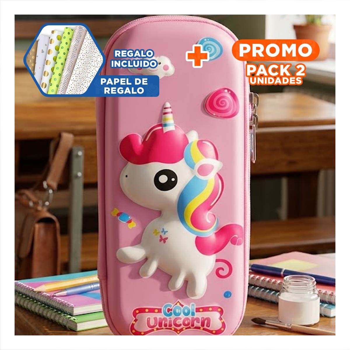 PACK2 BOLSO MODERNO UNICORNIO ROSADO ALTO RELIEVE CON ESPACIO AMPLIO Y+PAPEL REGALO - 1