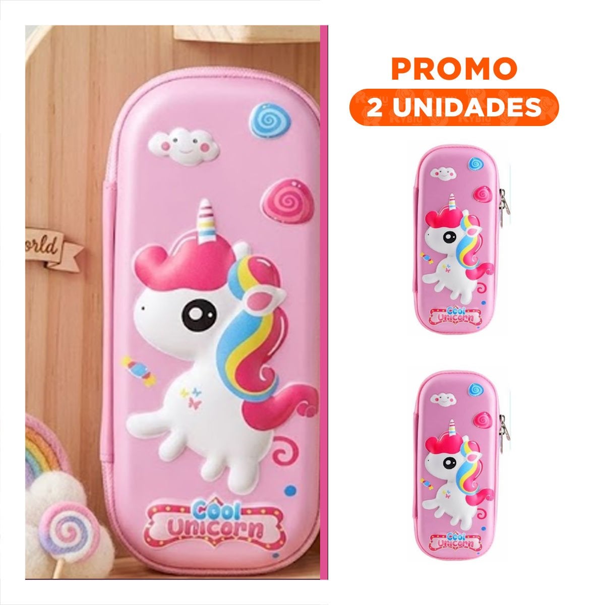 PACK2 BOLSO COMPACTO UNICORNIO ROSADO ALTO RELIEVE PARA GUARDAR UTILES - 1