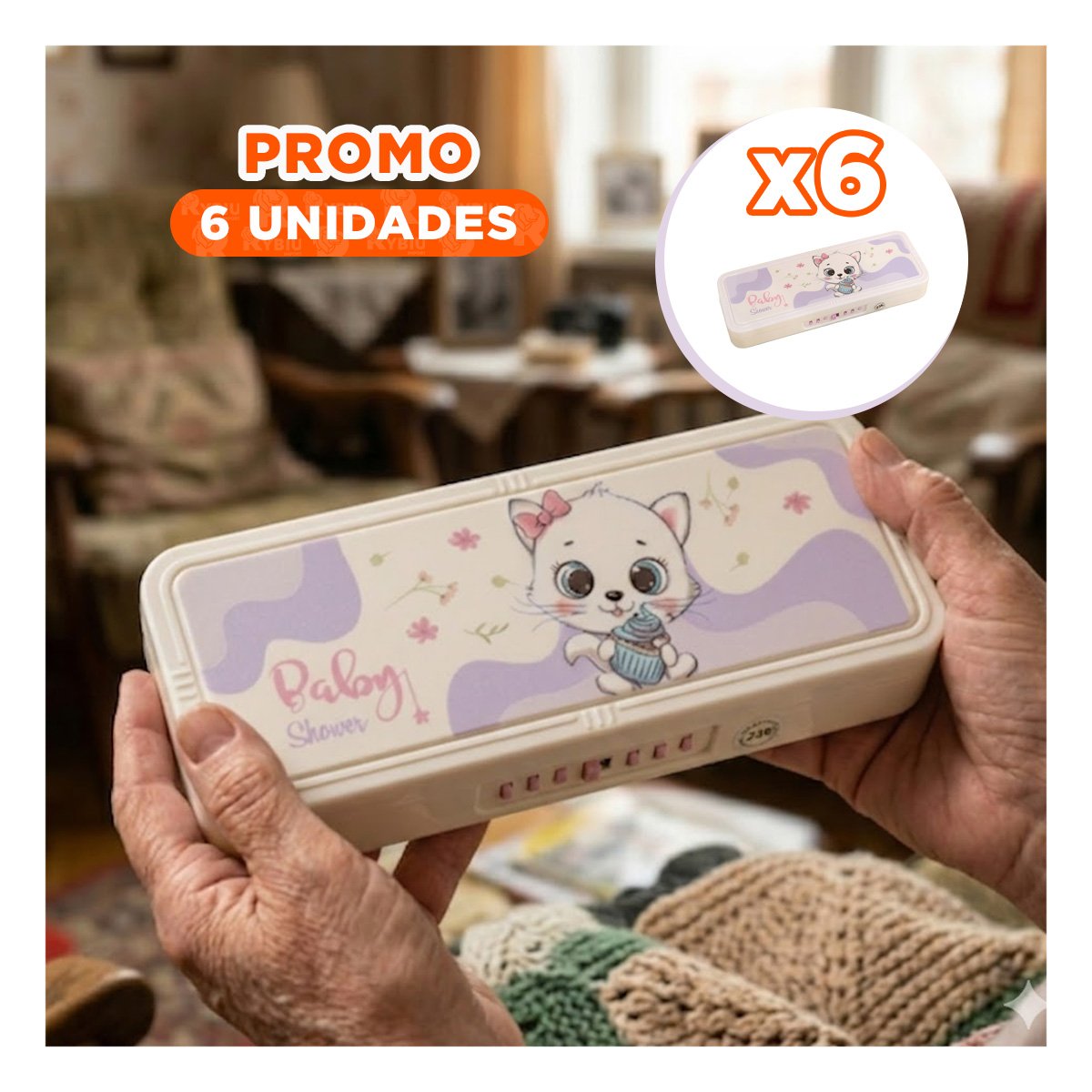 PACK6 ARTICULO ESCOLAR CON CLAVE 2 NIVELES DISENO GATO BEIGE Y+REGALO STICKER - 1