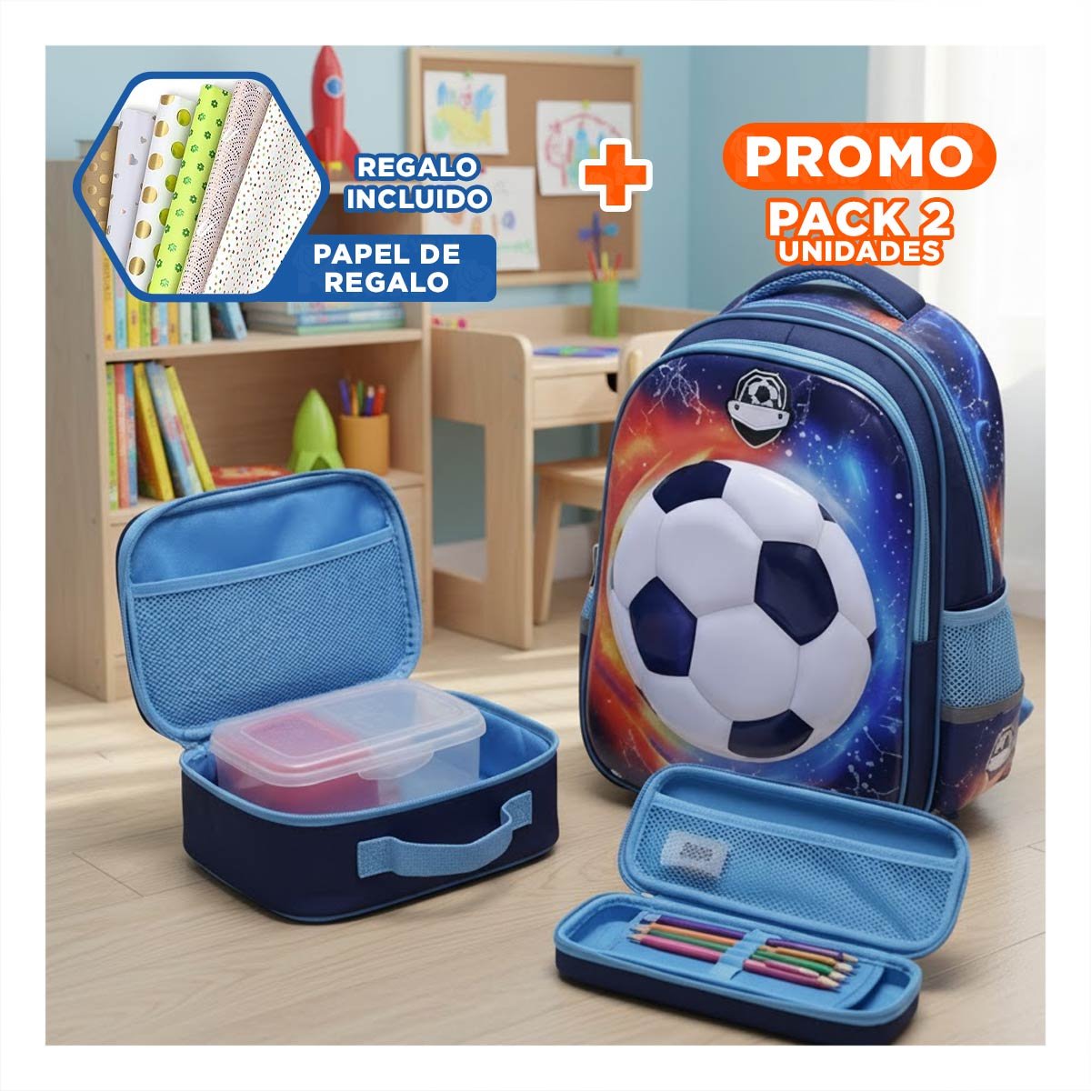 PACK2 MOCHILA SET AZUL DE PELOTA CON LONCHERA Y CARTUCHERA Y+PAPEL REGALO - 1