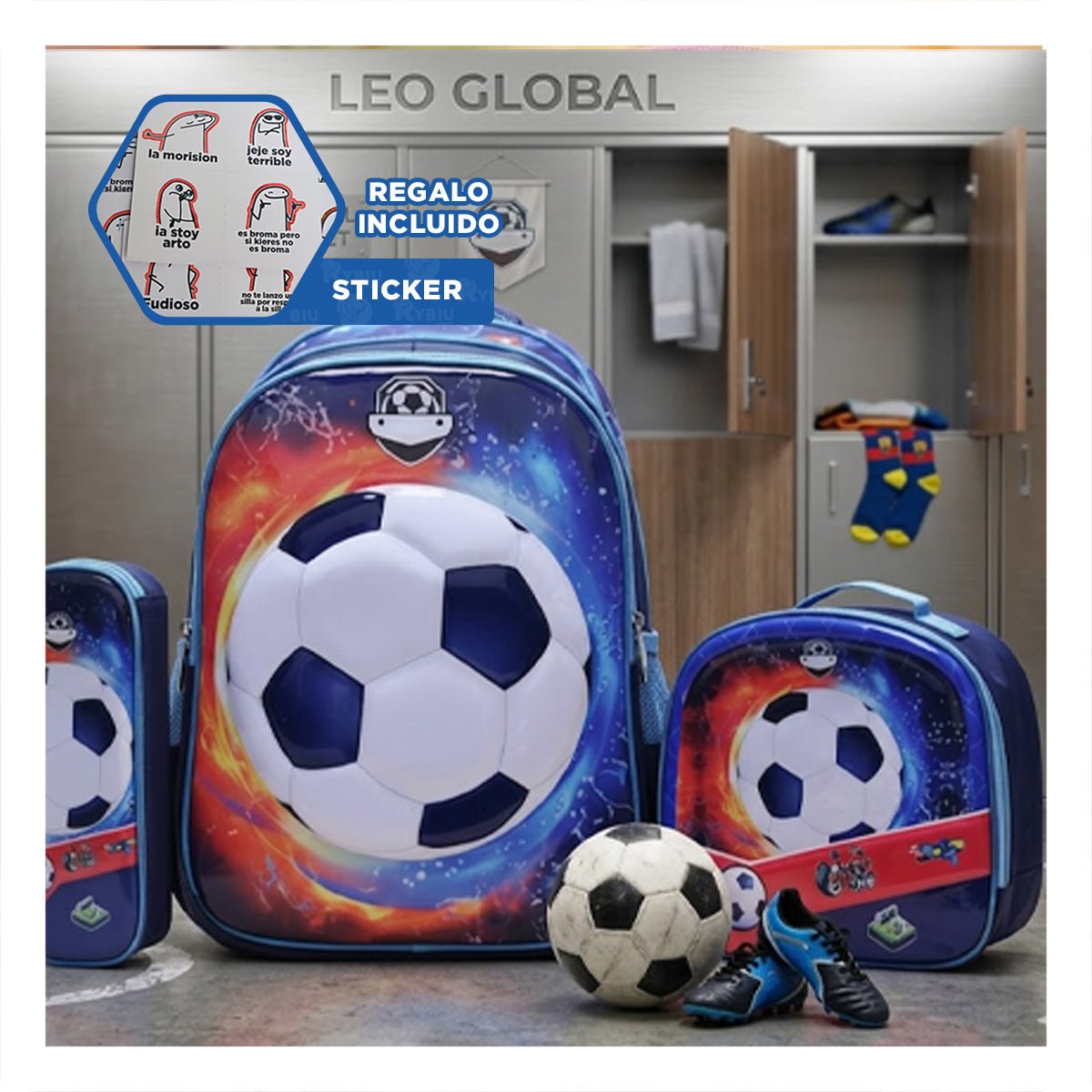 MORRAL CON LONCHERA Y CARTUCHERA AZUL DE PELOTA ESCOLAR Y+REGALO STICKER - 1