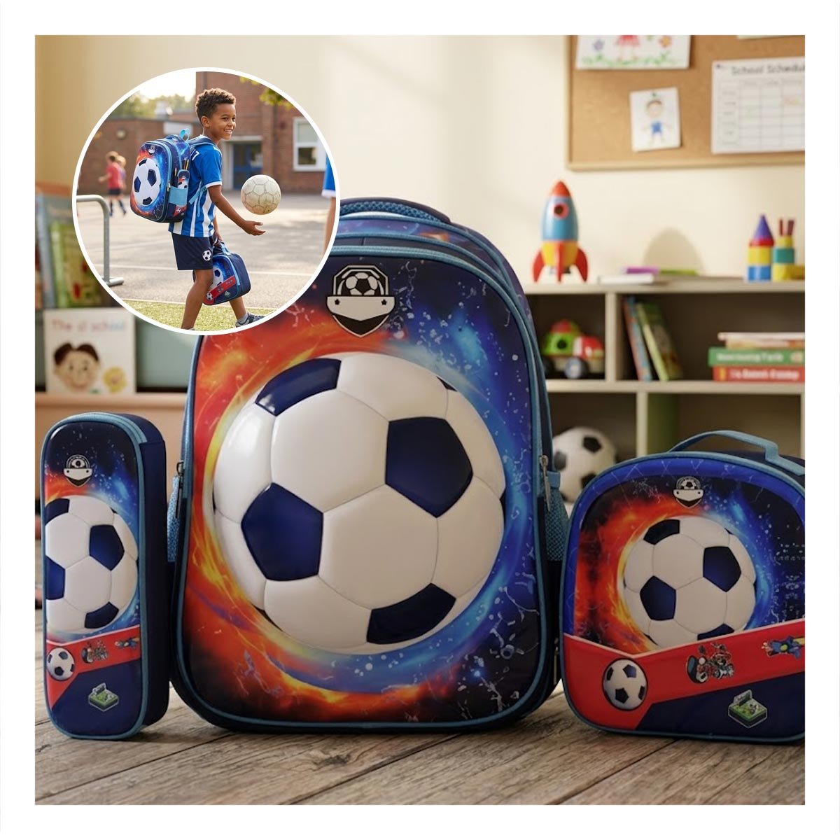 MORRAL CON LONCHERA Y CARTUCHERA AZUL DE PELOTA ESCOLAR Y+REGALO STICKER - 5