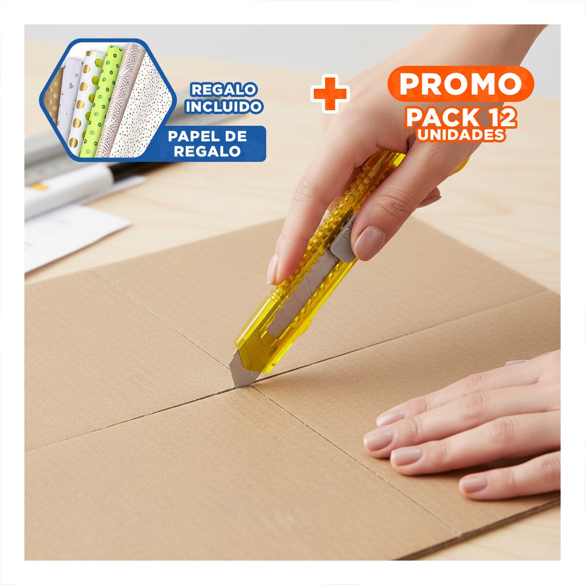 PACK12 NAVAJA DE ESCRITORIO 15CM AMARILLO TRANSPARENTE SET 3 UNIDADES Y+PAPEL REGALO - 1
