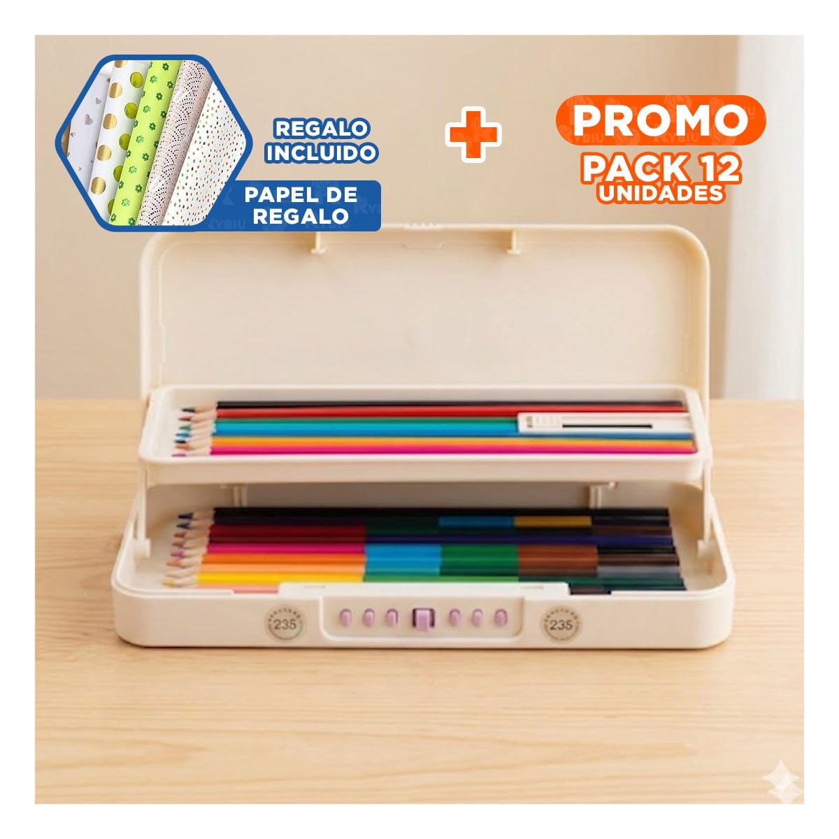 PACK12 COMPARTIMENTO ESCOLAR CON CLAVE 2 NIVELES DISENO GATO BEIGE Y+PAPEL REGALO - 1
