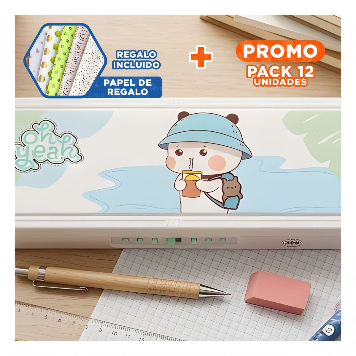 PACK12 ACCESORIO INFANTIL BEIGE CON CLAVE 2 NIVELES OSO CON GORRA PARA CLASES Y+PAPEL REGALO - 1