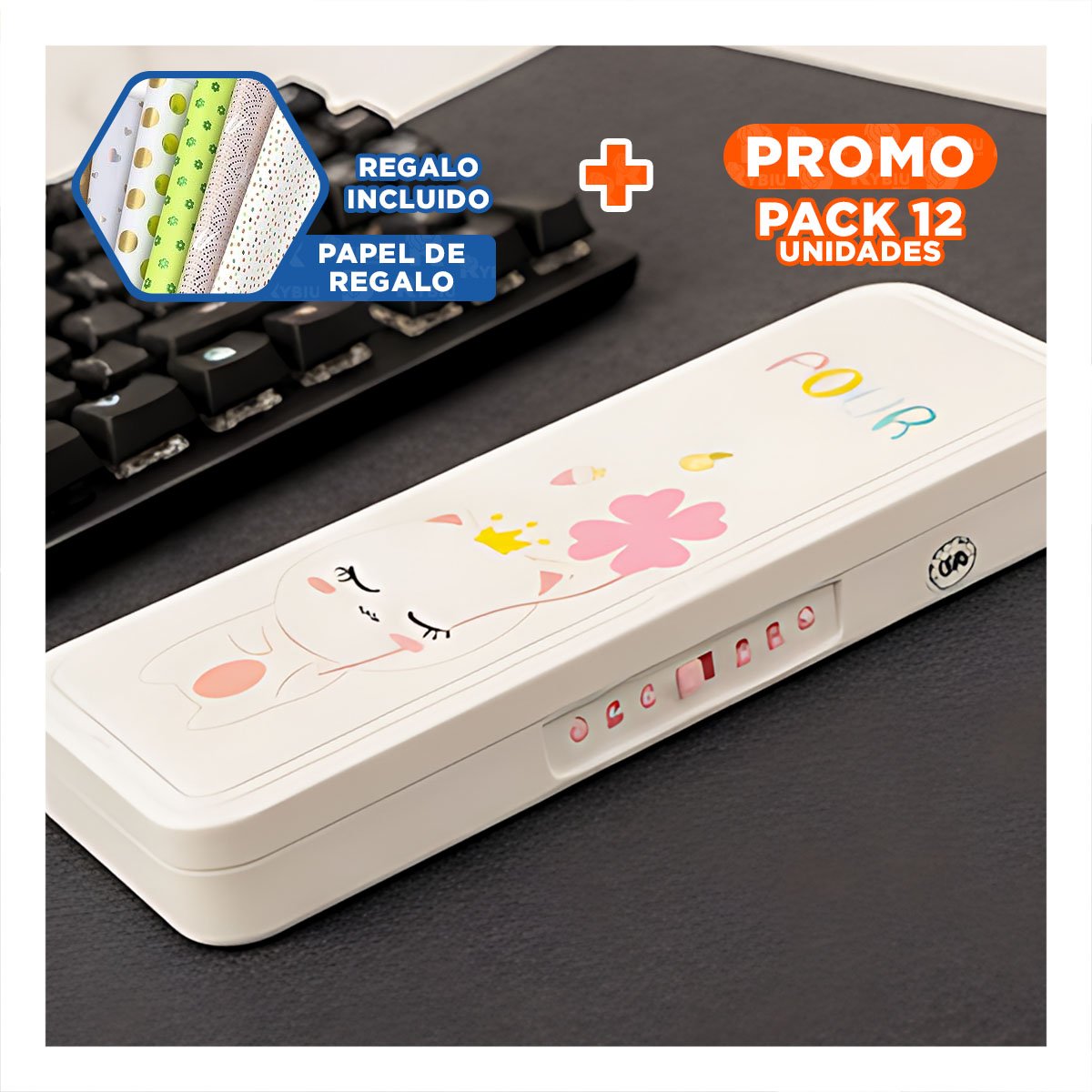 PACK12 ESTUCHE KAWAII CON CLAVE 2 NIVELES GATO CON FLOR BEIGE PARA COLEGIO Y+PAPEL REGALO - 1