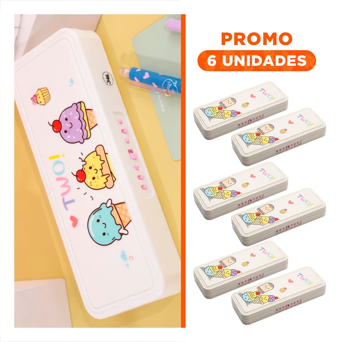 PACK6 CARTUCHERA SEGURA BEIGE CON CLAVE 2 NIVELES DISENO HELADOS ESCOLAR - 1