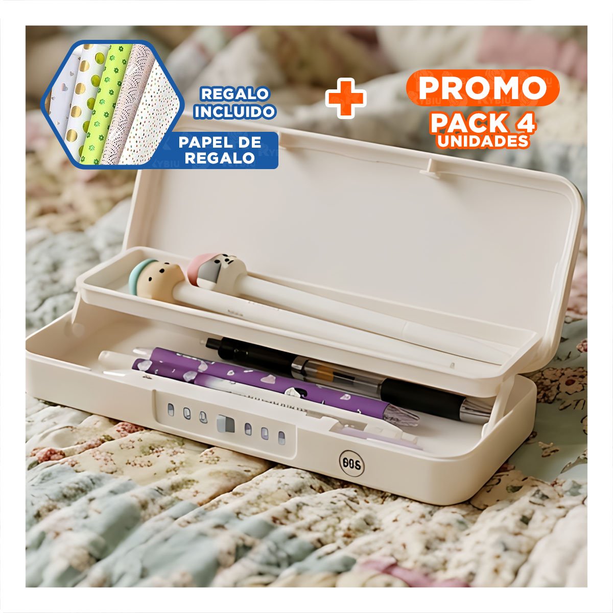 PACK4 FUNDA JUVENIL CON CLAVE 2 NIVELES GATO CON FLOR BEIGE PARA UTILES Y+PAPEL REGALO - 1